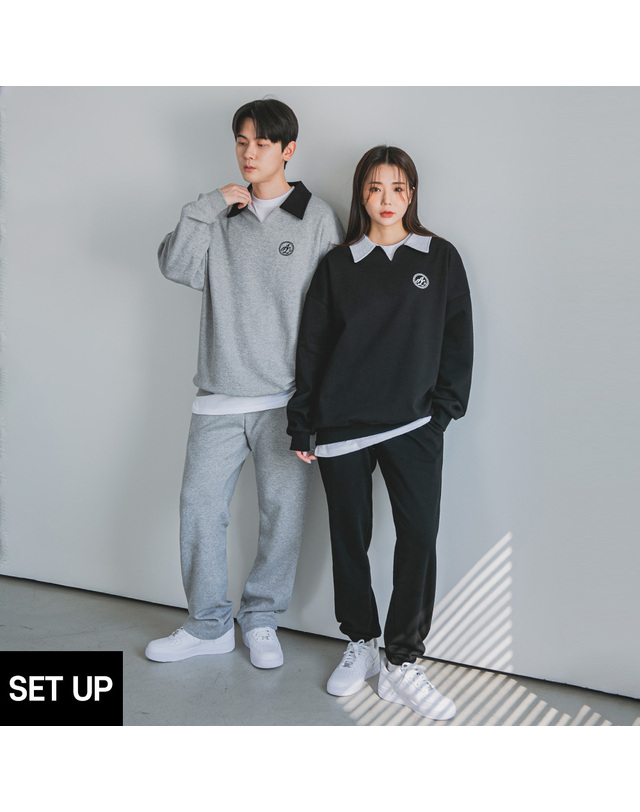 앨빈클로 [SET] 앨빈클로 월계수 오픈 카라 맨투맨 조거/세미와이드 팬츠 셋업 착용컷