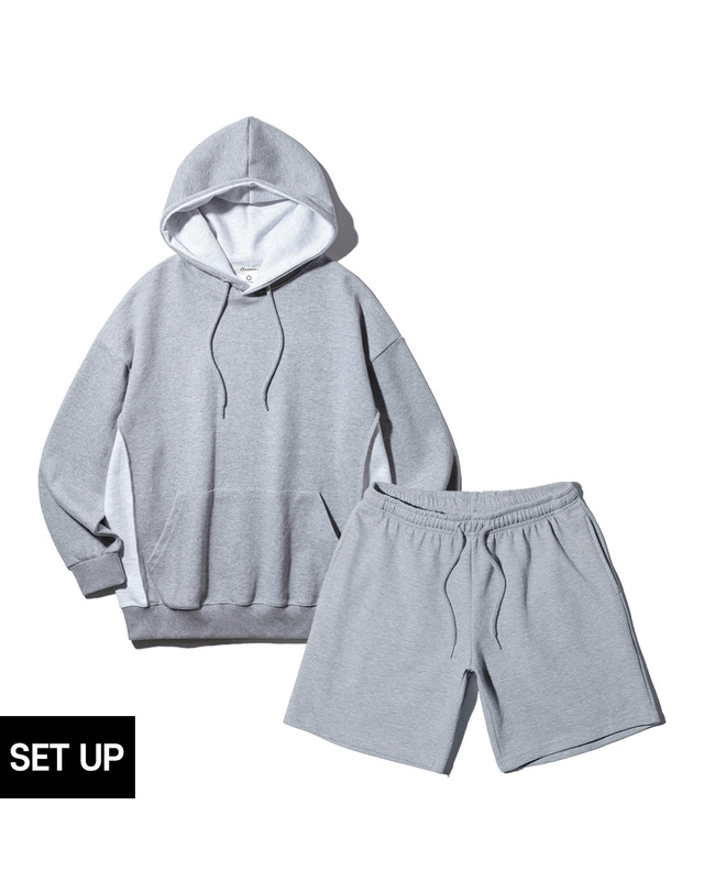 앨빈클로 [SET] 앨빈클로 스티치 사이드 배색 후드티 밴딩 무지 반바지 셋업 착용컷