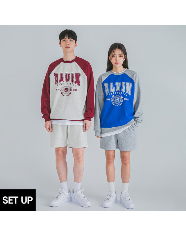 앨빈클로 [SET] 앨빈클로 배색 레글런 오버핏 맨투맨 밴딩 무지 반바지 셋업 착용컷