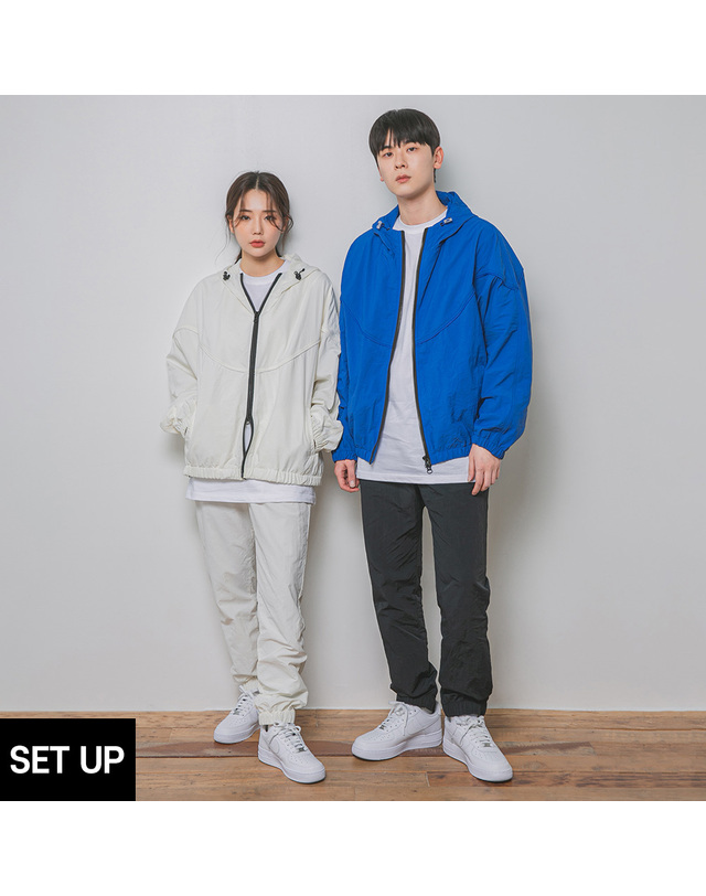앨빈클로 [SET] 앨빈클로 절개 포인트 바람막이 무지 우븐 조거 팬츠 셋업 착용컷