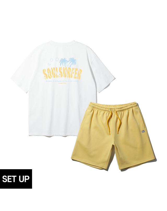앨빈클로 [SET] 앨빈클로 야자수 SOUL SURFER 오버핏 반팔티 컬러 무지 밴드 반바지 셋업 착용컷