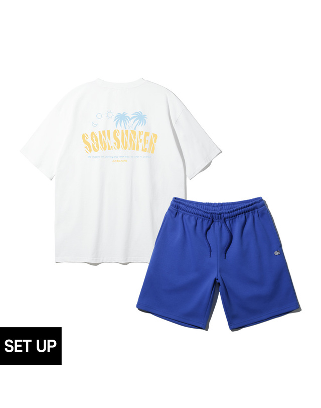 앨빈클로 [SET] 앨빈클로 야자수 SOUL SURFER 오버핏 반팔티 컬러 무지 밴드 반바지 셋업 착용컷