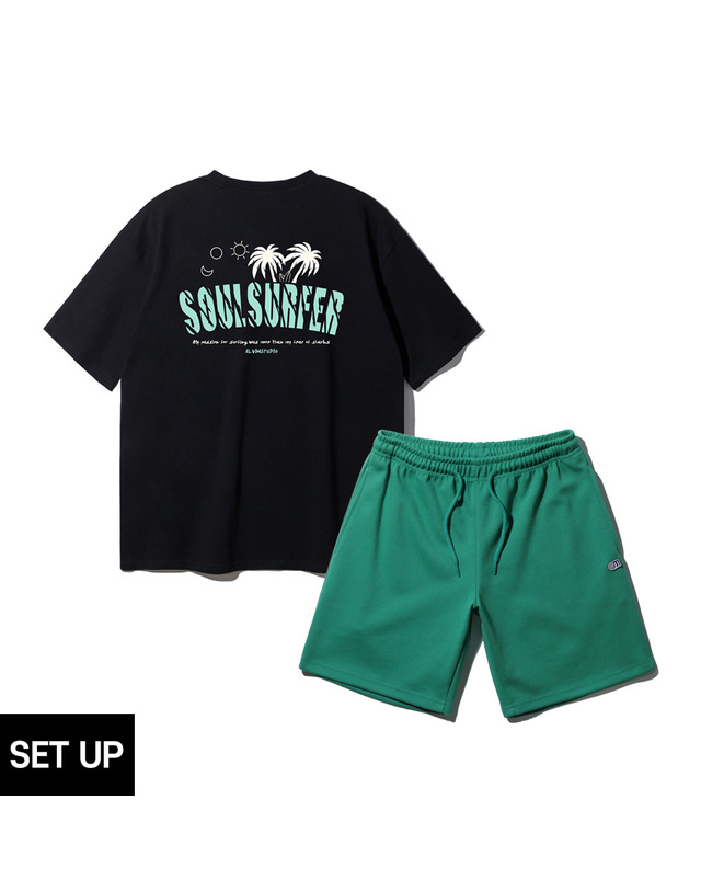 앨빈클로 [SET] 앨빈클로 야자수 SOUL SURFER 오버핏 반팔티 컬러 무지 밴드 반바지 셋업 착용컷