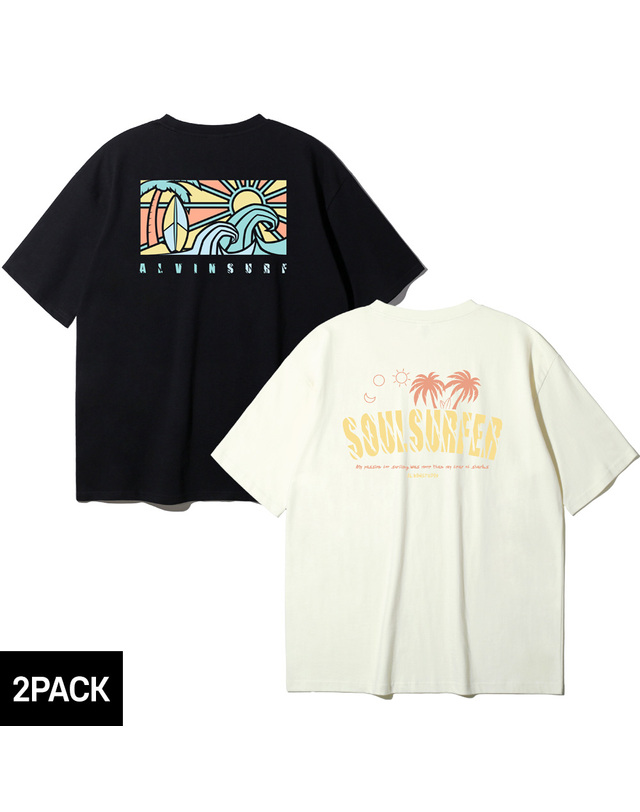 앨빈클로 [2PACK] 앨빈클로 야자수 SURFER 스테인드글라스 오버핏 반팔티 2종 패키지 착용컷