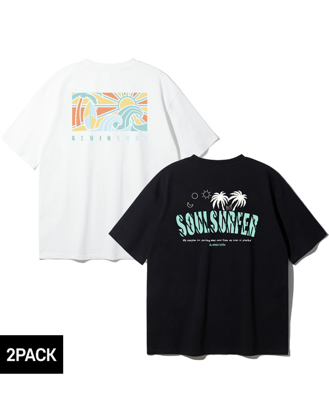 앨빈클로 [2PACK] 앨빈클로 야자수 SURFER 스테인드글라스 오버핏 반팔티 2종 패키지 착용컷