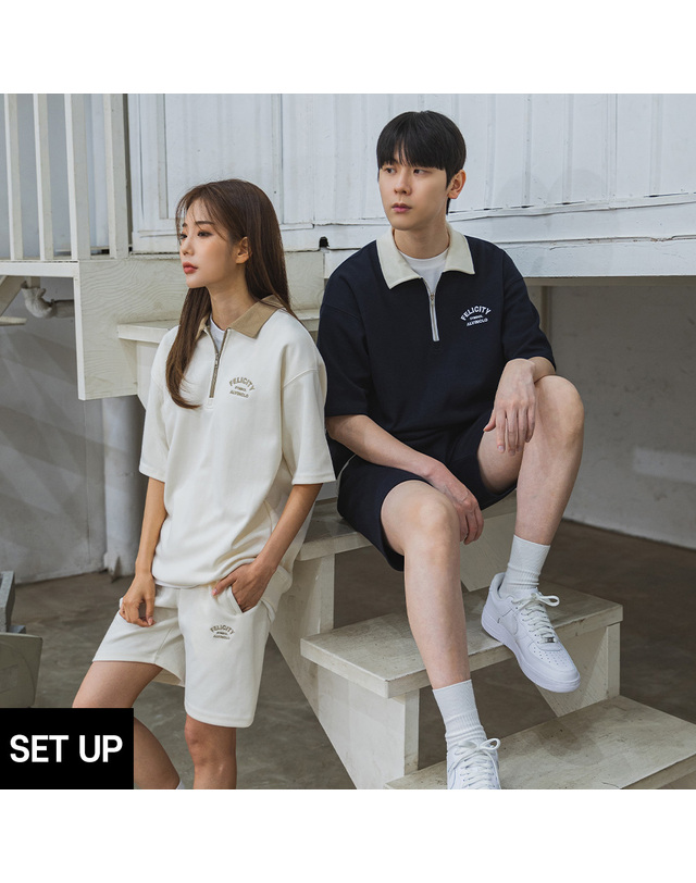 앨빈클로 [SET] FELICITY 반집업 배색 카라 반팔 맨투맨 밴드 반바지 셋업 착용컷