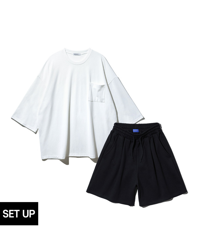 앨빈클로 [SET] 앨빈클로 무지 포켓 9부 티셔츠 원턱 와이드 밴딩 반바지 셋업 착용컷