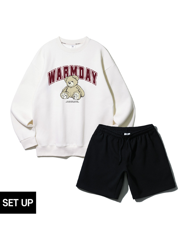 앨빈클로 [SET] 앨빈클로 WARMDAY 오버핏 맨투맨 밴딩 스웻 반바지 셋업 착용컷