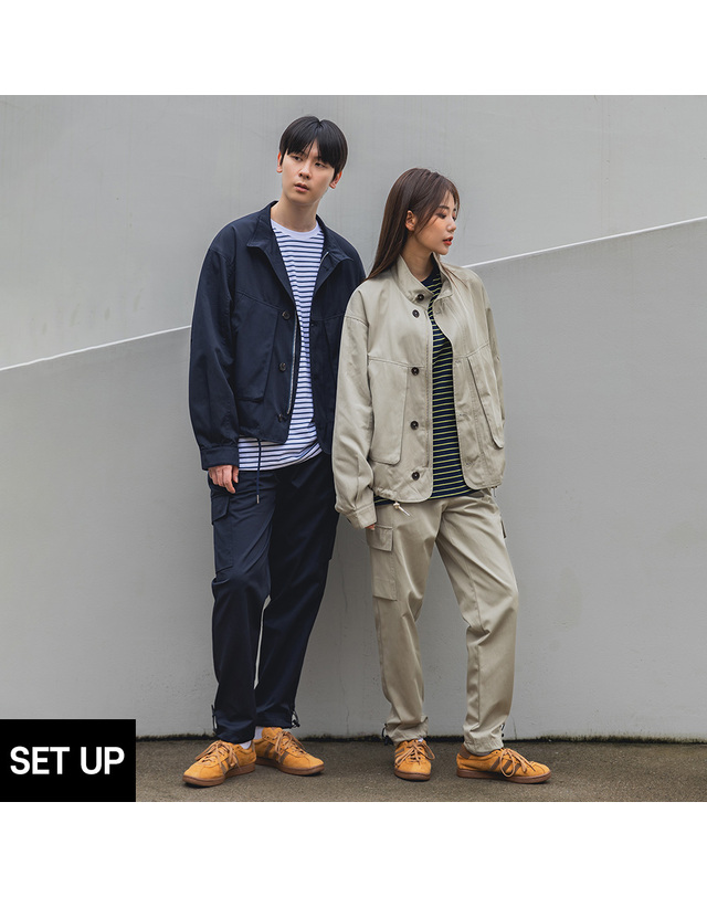 앨빈클로 [DE LUXE][SET] 앨빈클로 드로우 스트링 버튼 집업 자켓 무지 나일론 스트링 카고 팬츠 셋업 착용컷