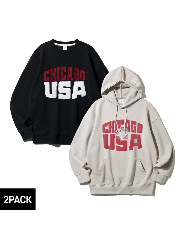 앨빈클로 [2PACK] 앨빈클로 시카고 바스켓볼 USA 오버핏 후드티+맨투맨 2종 패키지 착용컷