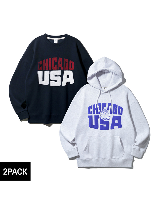 앨빈클로 [2PACK] 앨빈클로 시카고 바스켓볼 USA 오버핏 후드티+맨투맨 2종 패키지 착용컷