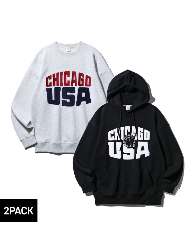 앨빈클로 [2PACK] 앨빈클로 시카고 바스켓볼 USA 오버핏 후드티+맨투맨 2종 패키지 착용컷