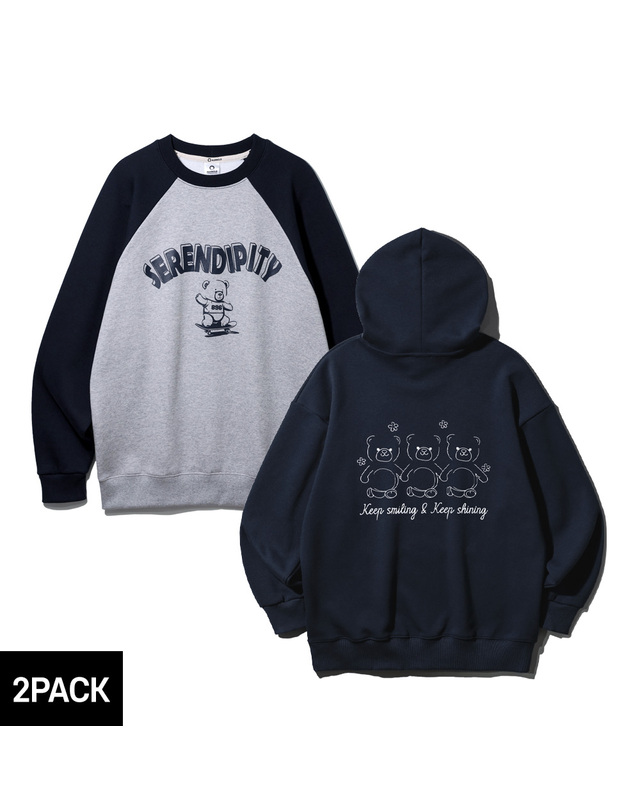 앨빈클로 [2PACK] 앨빈클로 곰돌이 오버핏 후드티+맨투맨 2종 패키지 착용컷
