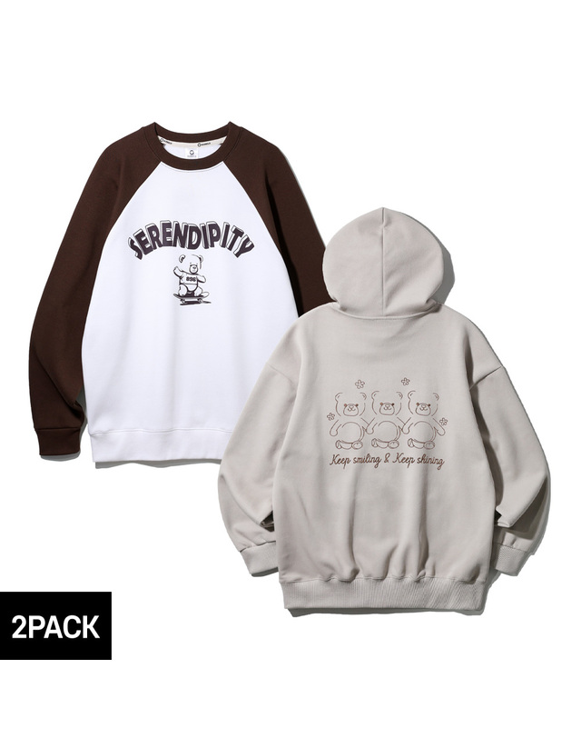 앨빈클로 [2PACK] 앨빈클로 곰돌이 오버핏 후드티+맨투맨 2종 패키지 착용컷