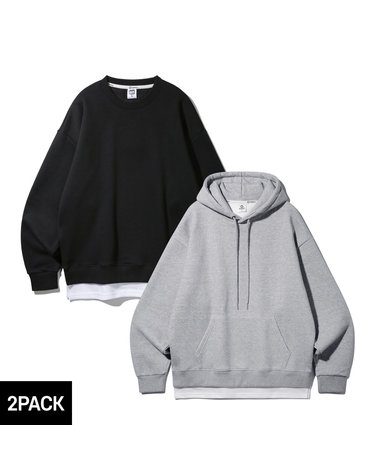[기모][2PACK] 앨빈클로 레이어드 오버핏 맨투맨 후드티 2종 패키지
