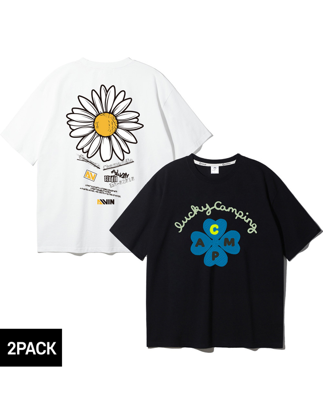 앨빈클로 [2PACK] 앨빈클로 LUCKY CAMPING 카모마일 오버핏 반팔티 2종 패키지 착용컷