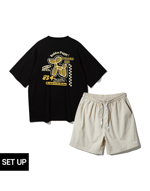 앨빈클로 [SET] 앨빈클로 러버퍼피 오버핏 반팔티 스트링 포인트 우븐 반바지 셋업 착용컷