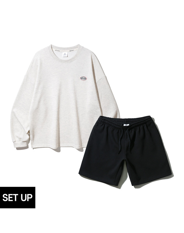 앨빈클로 [SET] 앨빈클로 와펜 오버핏 긴팔티셔츠 코튼 밴딩 스웨트 반바지 셋업 착용컷