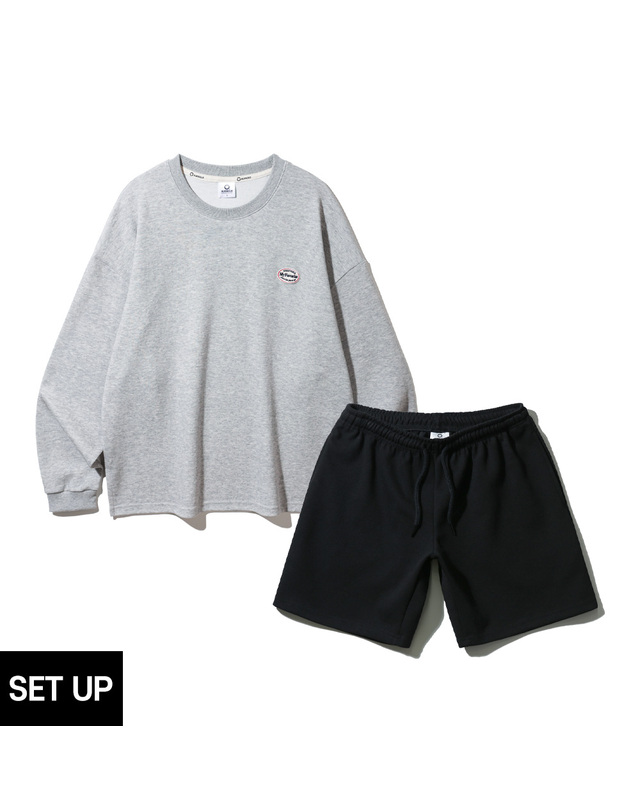 앨빈클로 [SET] 앨빈클로 와펜 오버핏 긴팔티셔츠 코튼 밴딩 스웨트 반바지 셋업 착용컷