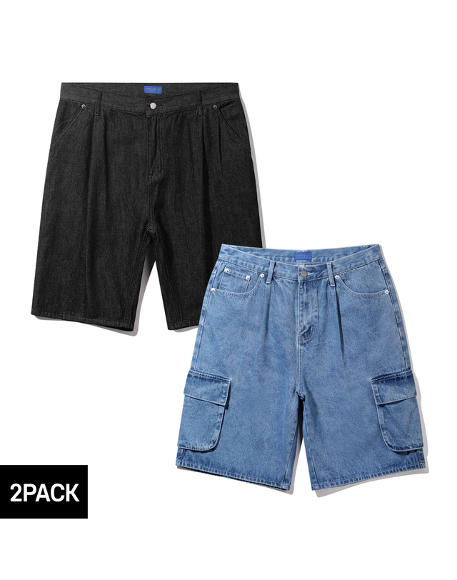 앨빈클로 [2PACK] 앨빈클로 버뮤다 데님 하프 팬츠+카고 하프 팬츠 2종 패키지 착용컷