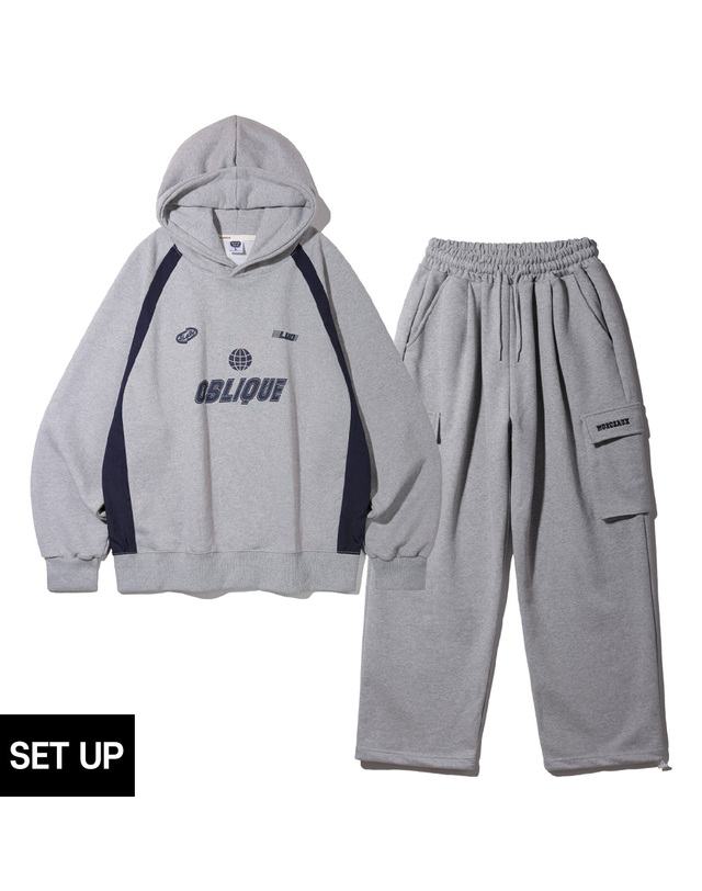 앨빈클로 [SET] 앨빈클로 오블리크 사이드 배색 오버핏 후드티 카고 와이드 트레이닝 팬츠 셋업 착용컷