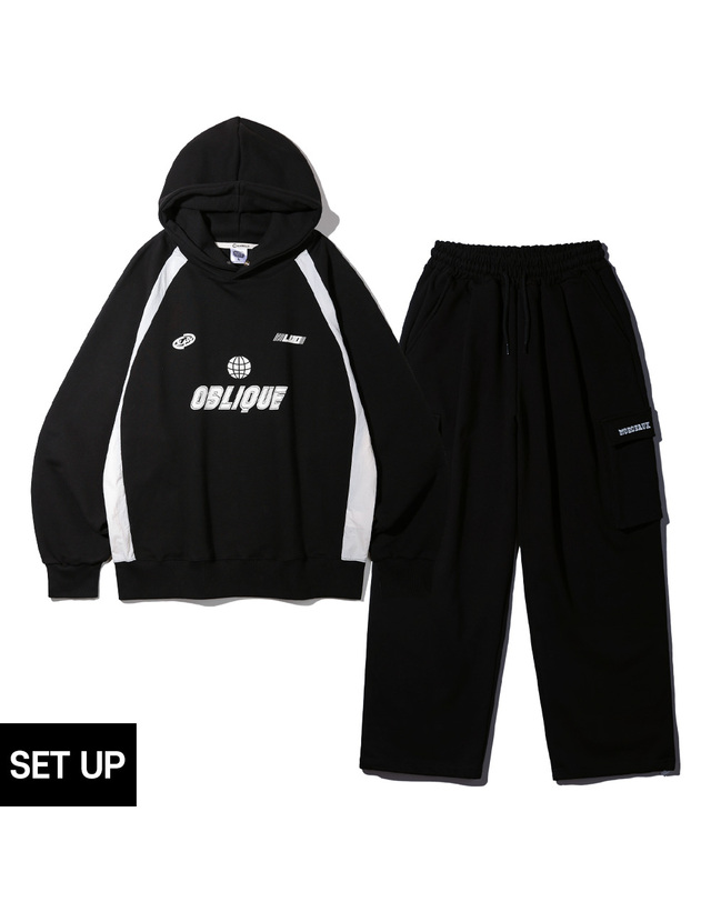 앨빈클로 [SET] 앨빈클로 오블리크 사이드 배색 오버핏 후드티 카고 와이드 트레이닝 팬츠 셋업 착용컷