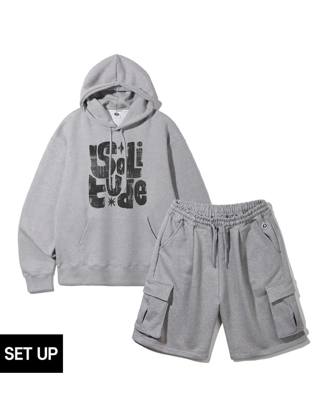앨빈클로 [SET] 앨빈클로 솔리튜드 오버핏 후드티 카고 와이드 밴딩 반바지 셋업 착용컷