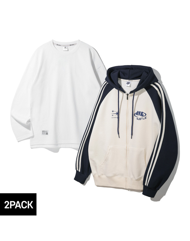 앨빈클로 [2PACK] 앨빈클로 레바레 배색 트랙 후드집업 무지 오버핏 긴팔티셔츠 2종 패키지 착용컷