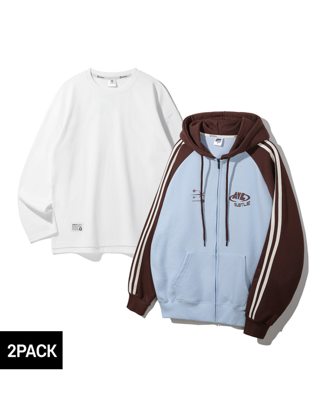앨빈클로 [2PACK] 앨빈클로 레바레 배색 트랙 후드집업 무지 오버핏 긴팔티셔츠 2종 패키지 착용컷