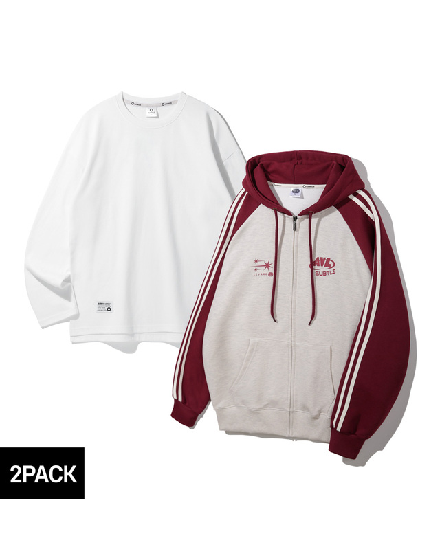 앨빈클로 [2PACK] 앨빈클로 레바레 배색 트랙 후드집업 무지 오버핏 긴팔티셔츠 2종 패키지 착용컷