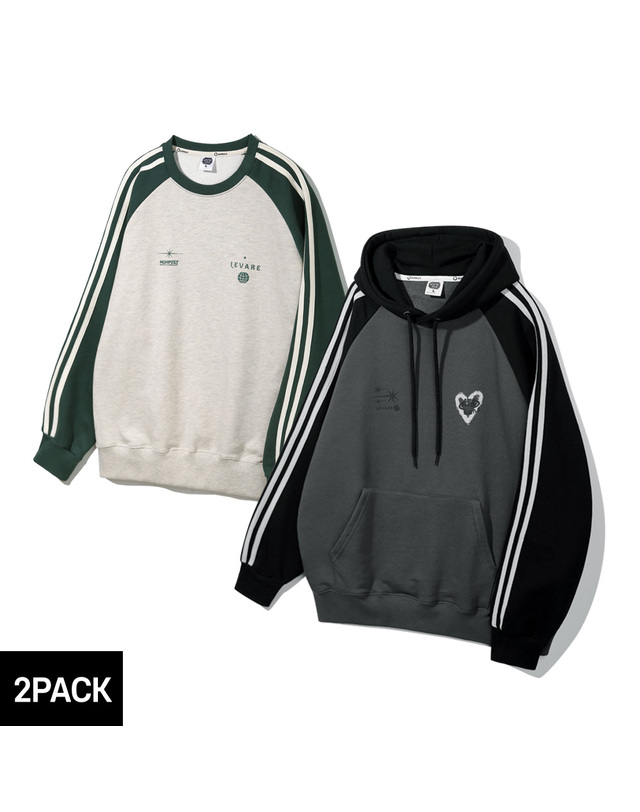 앨빈클로 [2PACK] 앨빈클로 매니페스트 AVL 래글런 배색 트랙 오버핏 맨투맨 후드티 2종 패키지 착용컷