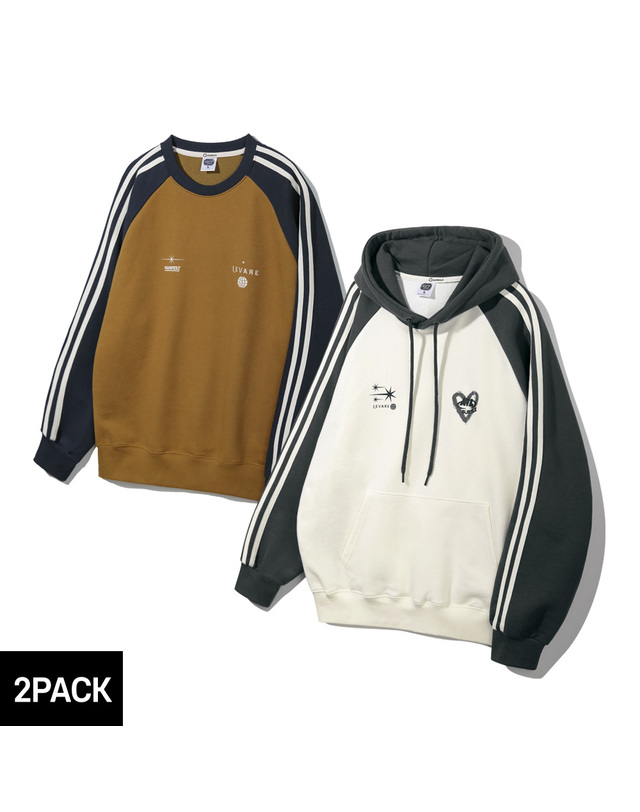 앨빈클로 [2PACK] 앨빈클로 매니페스트 AVL 래글런 배색 트랙 오버핏 맨투맨 후드티 2종 패키지 착용컷