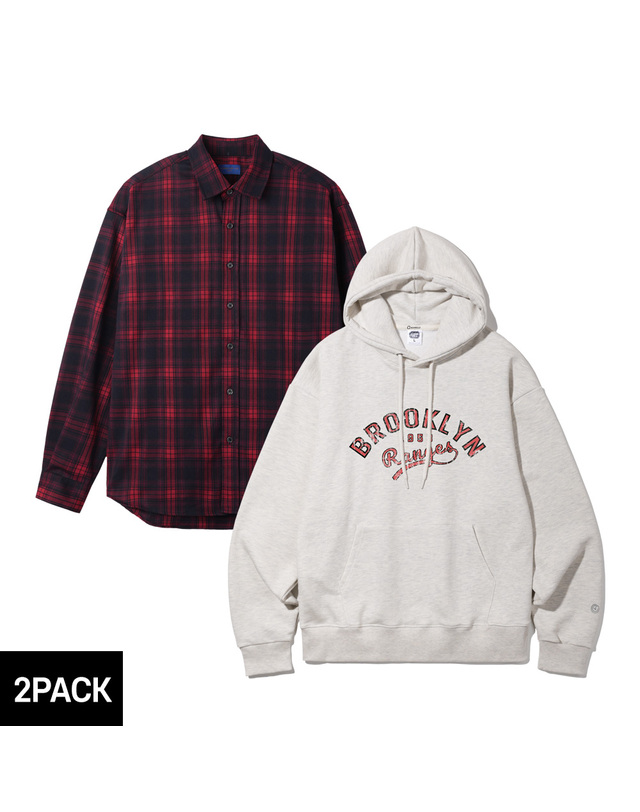 앨빈클로 [2PACK] 앨빈클로 브루클린 오버핏 후드티 세미 오버핏 긴팔 체크 셔츠 2종 패키지 착용컷