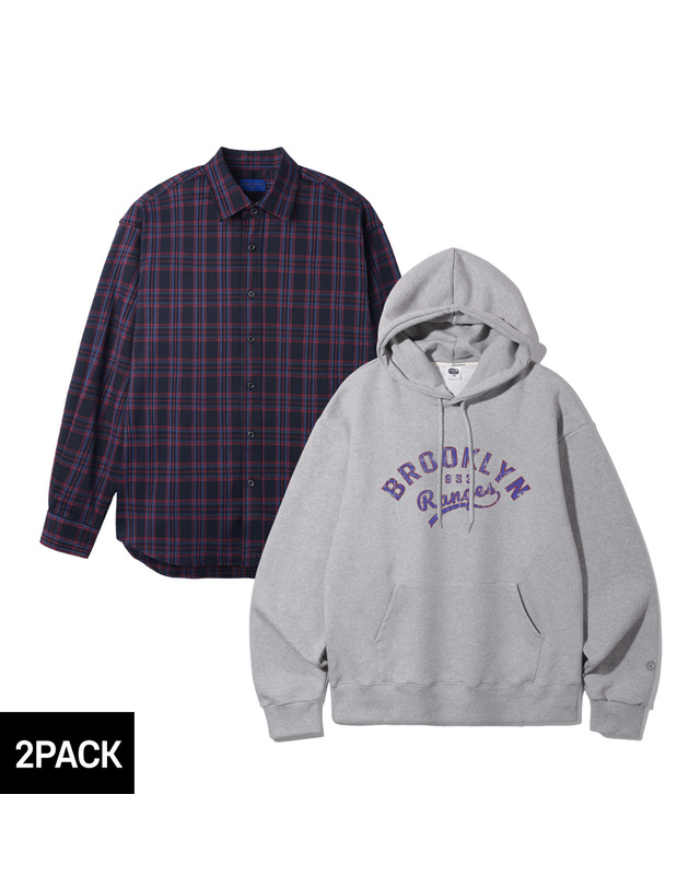 앨빈클로 [2PACK] 앨빈클로 브루클린 오버핏 후드티 세미 오버핏 긴팔 체크 셔츠 2종 패키지 착용컷