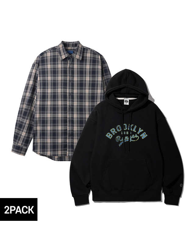 앨빈클로 [2PACK] 앨빈클로 브루클린 오버핏 후드티 세미 오버핏 긴팔 체크 셔츠 2종 패키지 착용컷