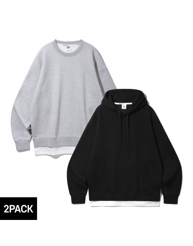앨빈클로 [기모][2PACK] 앨빈클로 레이어드 오버핏 맨투맨 후드티 2종 패키지 착용컷