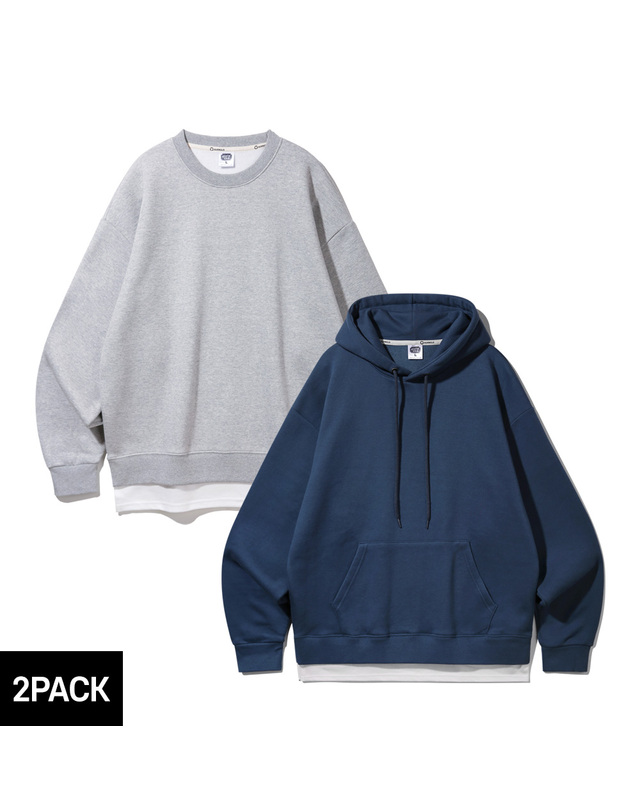앨빈클로 [기모][2PACK] 앨빈클로 레이어드 오버핏 맨투맨 후드티 2종 패키지 착용컷
