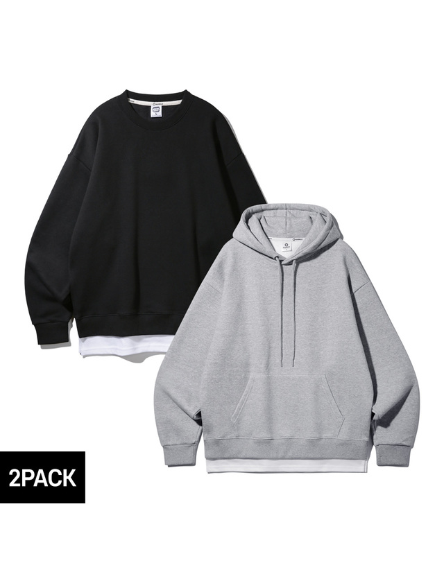 앨빈클로 [기모][2PACK] 앨빈클로 레이어드 오버핏 맨투맨 후드티 2종 패키지 착용컷