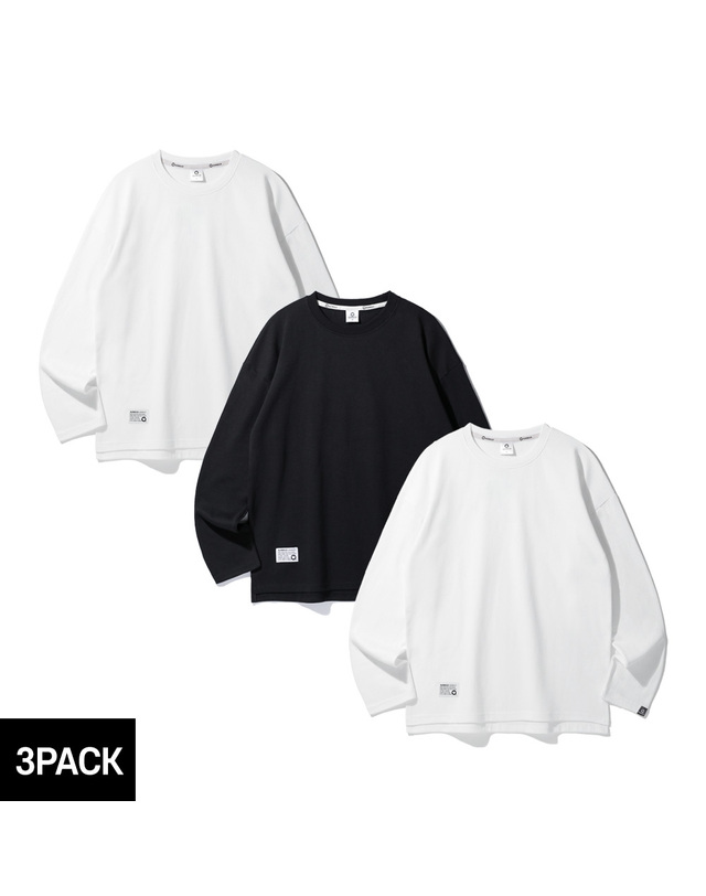 앨빈클로 [3PACK] 앨빈클로 세미오버핏 무지 더블코튼 긴팔티셔츠 3종 패키지 착용컷