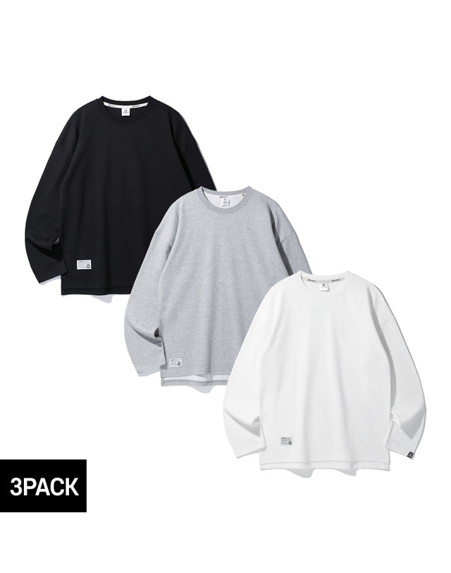 앨빈클로 [3PACK] 앨빈클로 세미오버핏 무지 더블코튼 긴팔티셔츠 3종 패키지 착용컷