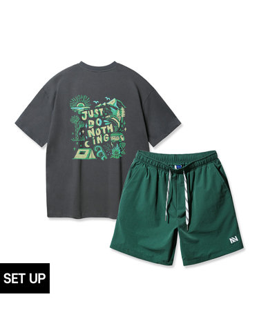 [SET] 앨빈클로 JUST DO NOTHING 오버핏 반팔티 스트링 포인트 우븐 반바지 셋업