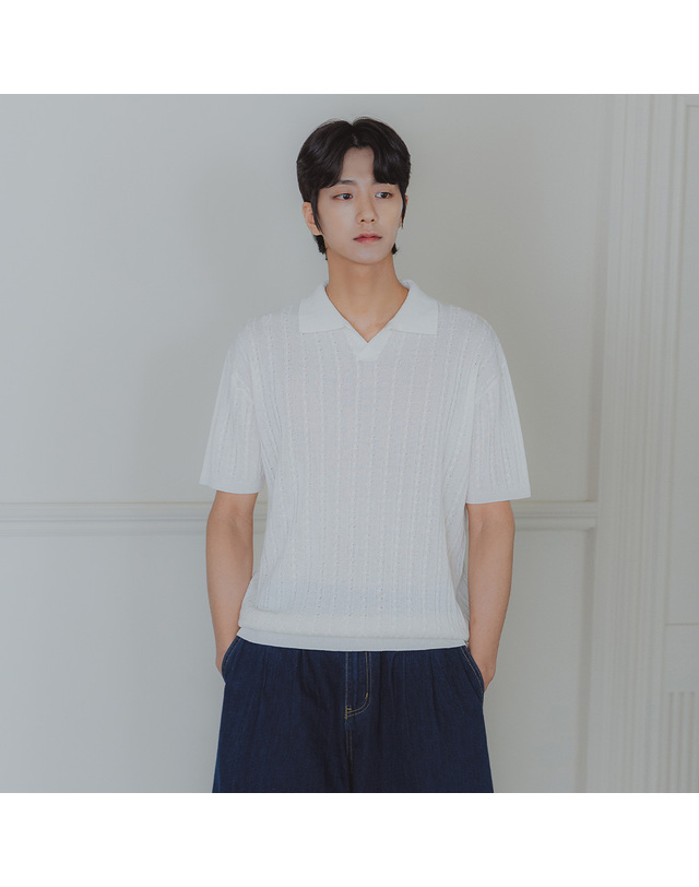 앨빈클로 [DELUXE] 앨빈클로 썸머 오픈 카라 케이블 니트 DLX1520 (4 COLOR) 착용컷