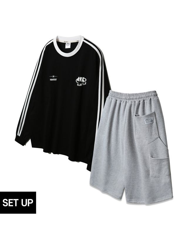 앨빈클로 [SET] 앨빈클로 AVL 트랙 오버핏 긴팔티 카펜터 트레이닝 밴딩 반바지 셋업 착용컷