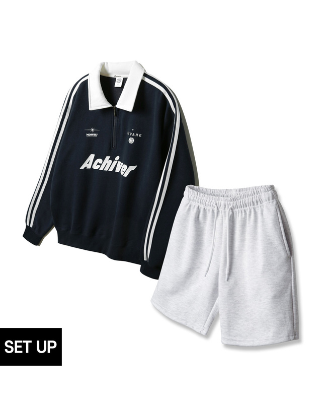 앨빈클로 [SET] [더블코튼] ACHIVER 트랙 카라넥 오버핏 맨투맨 코튼 밴딩 스웨트 반바지 셋업 착용컷