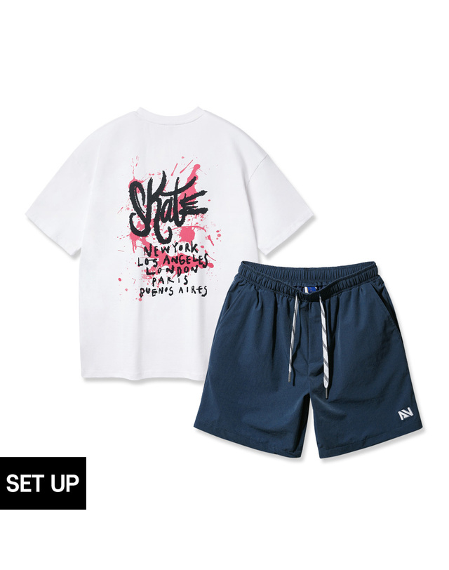 앨빈클로 [SET]앨빈클로 SKATE 오버핏 반팔티 스트링 포인트 우븐 반바지 셋업 착용컷