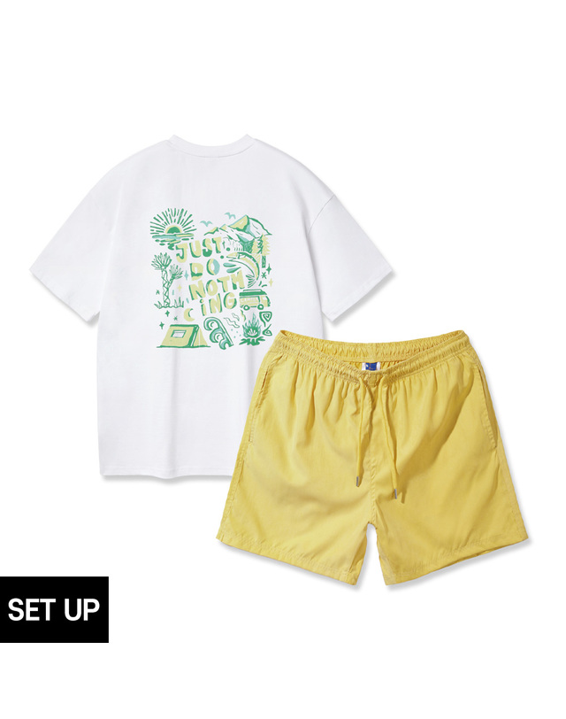 앨빈클로 [SET] 앨빈클로 JUST DO NOTHING 오버핏 반팔티 플렉서블 밴딩 반바지 셋업 착용컷