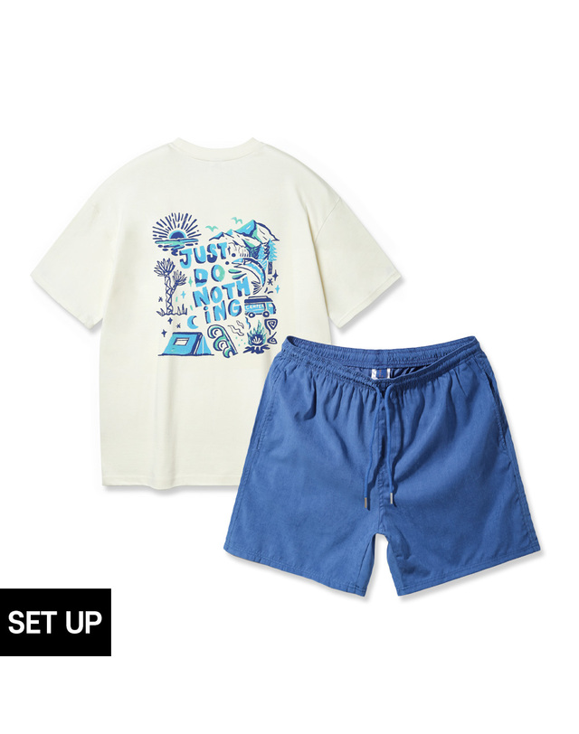 앨빈클로 [SET] 앨빈클로 JUST DO NOTHING 오버핏 반팔티 플렉서블 밴딩 반바지 셋업 착용컷