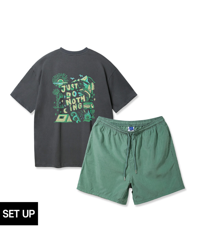 앨빈클로 [SET] 앨빈클로 JUST DO NOTHING 오버핏 반팔티 플렉서블 밴딩 반바지 셋업 착용컷