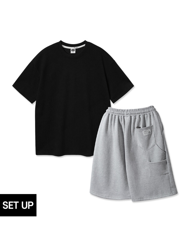 앨빈클로 [SET] 앨빈클로 더블코튼 오버핏 반팔티 카펜터 트레이닝 밴딩 반바지 셋업 착용컷