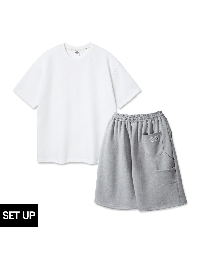 앨빈클로 [SET] 앨빈클로 더블코튼 오버핏 반팔티 카펜터 트레이닝 밴딩 반바지 셋업 착용컷